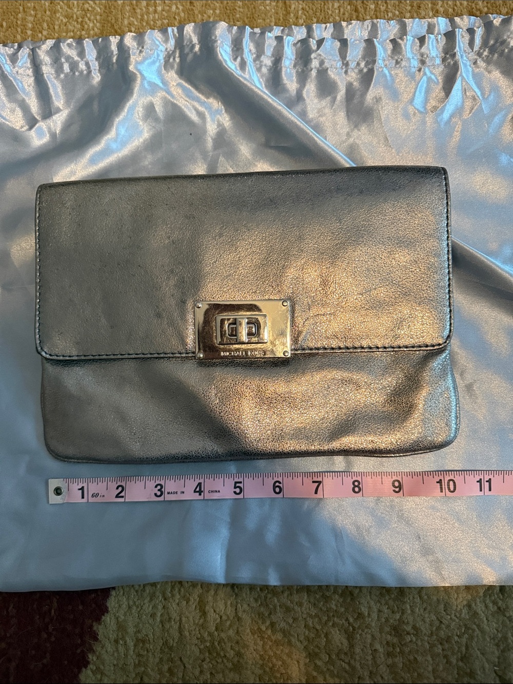 Michael Kors Metallic Pewter Leather Clutch with Turn-Lock